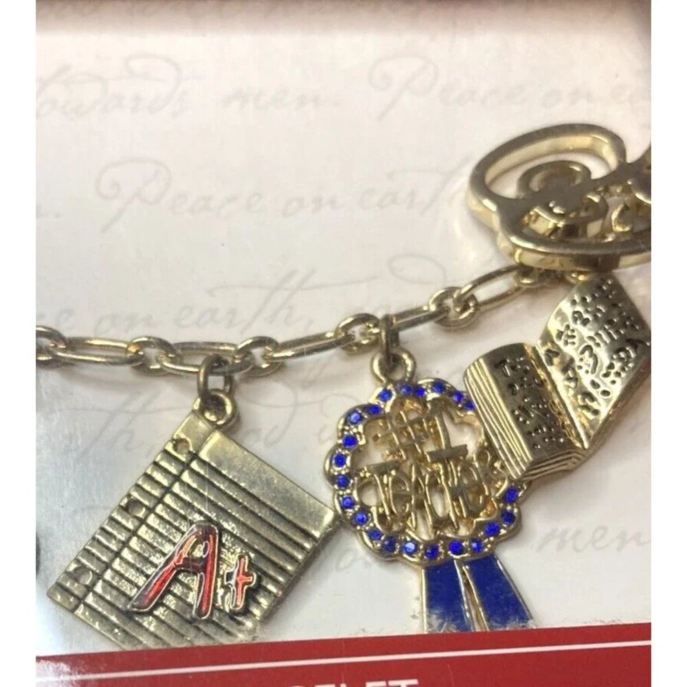 Teacher charm bracelet apple books paper cup pencils NIB Claiborne boho cute